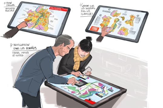 illustration de deux personnes naviguant sur la carte interactive 